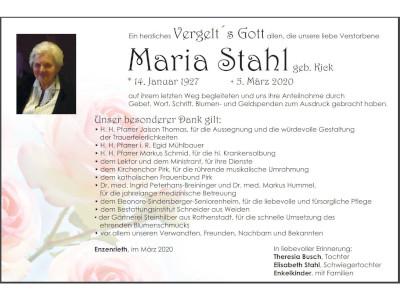Danksagung Maria Stahl, Enzenrieth 400 300