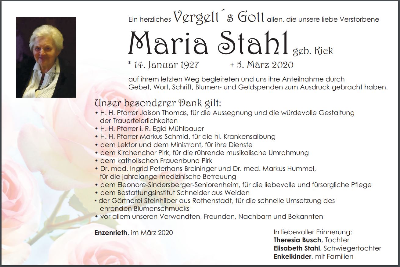 Danksagung Maria Stahl, Enzenrieth