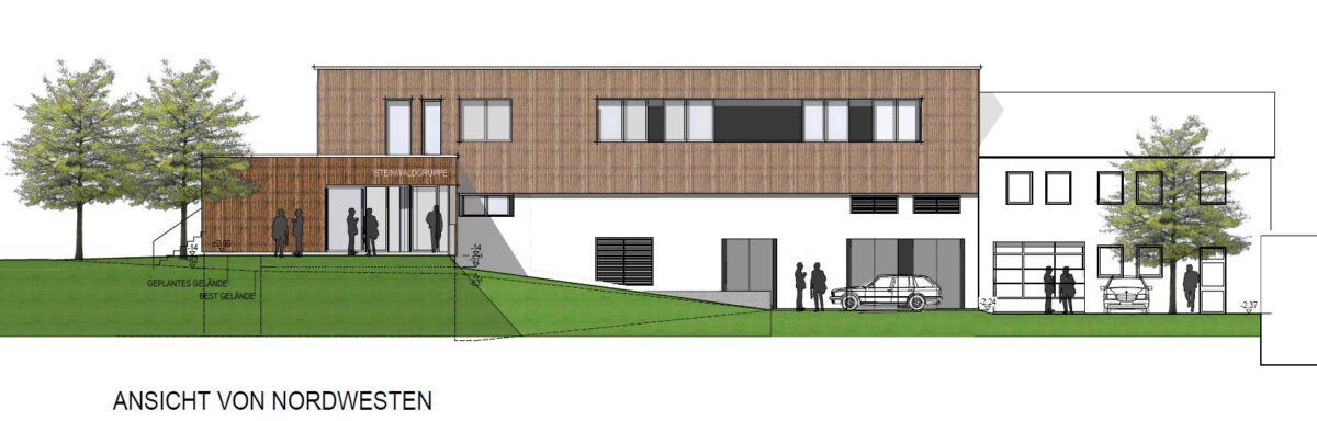 Die Ansicht des neu geplanten  Gebäudes. Skizze: Architekturbüro Schöberl