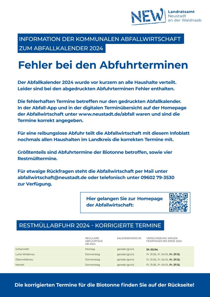 Infoblatt zu korrigierten Bioabfall- und Restmüllabfuhrterminen. Foto: Landratsamt Neustadt/WN